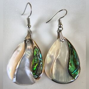 Green and Silver Teardrop Earrings with Iridescent Shell